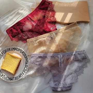 「MOJITO」宛如天仙‧日系薄紗拼睫毛蕾絲舒適鏤空半透低腰三角褲腰(4色選) S-XL