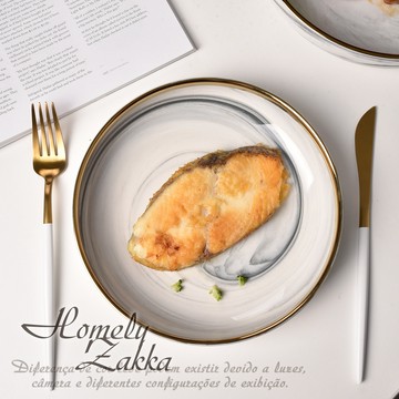 🌟快速出貨🌟【Homely Zakka】北歐輕奢風大理石紋金邊陶瓷餐具_小圓深盤