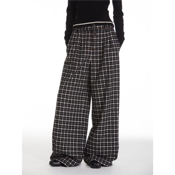 「索維格」小眾原創設計羊毛混紡法蘭絨格子寬松松緊腰直筒闊腿褲