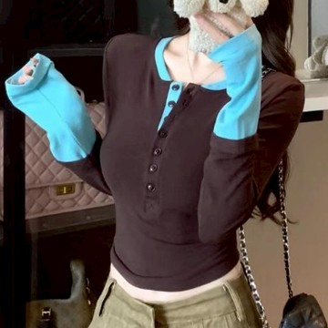 秋季韓系假兩件撞色長袖t恤上衣