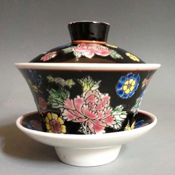 景德鎮廠貨陶瓷器/粉彩手繪黑地萬花三才蓋碗/蓋杯/茶杯/庫存全新1入