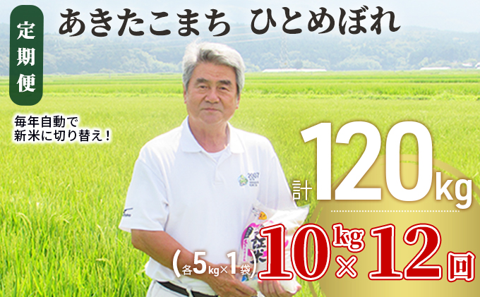 〈定期便〉 あきたこまち＆ひとめぼれ 食べ比べ 白米 10kg（各5kg）×12回 計120kg 12ヶ月 令和5年 精米 土づくり実証米 毎年11月より 新米 出荷