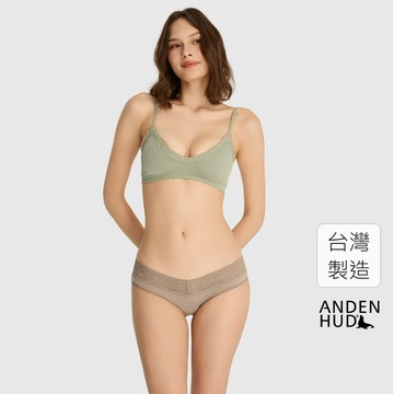 【Anden Hud】經典純色．V蕾絲低腰三角內褲(復古卡其) 純棉台灣製
