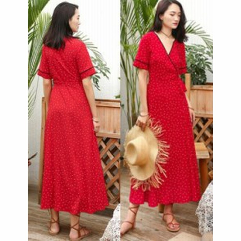 ワンピース レディース ロング丈ワンピース ドットワンピース 半袖 レトロ ボヘミアン Vネック 巻きワンピ ス 通販 Lineポイント最大1 0 Get Lineショッピング