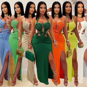 C7407跨境速賣通亞馬遜歐美時尚女裝性感針織掛脖露背純色連衣裙