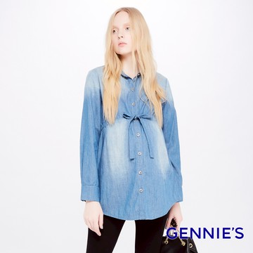 Gennies奇妮 復古刷色開襟牛仔綁帶上衣-牛仔藍(T3E13)
