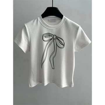 美式小眾2025夏季新款圓領蝴蝶結植絨印花上衣修身短款短袖T恤女