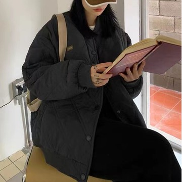 夾棉外套菱格棒球女韓版寬松情侶時尚百搭加厚棉衣冬季新款【聚宝屋】