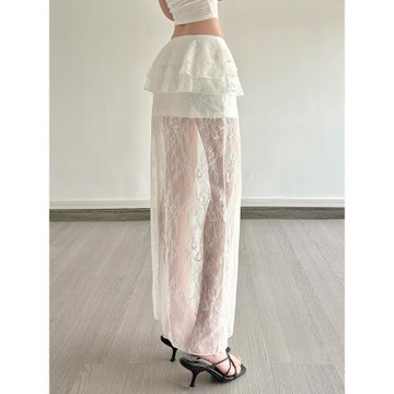 WEEKEEP 純欲性感蕾絲拼接網紗荷葉邊飄帶半身裙小眾設計重工長裙