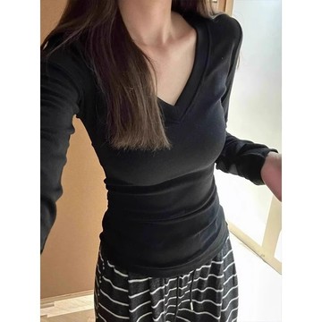 『ATC』 美式磨毛V領辣妹正肩長袖t恤女秋冬內搭德絨打底衫修身顯瘦上衣女