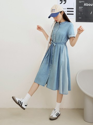 清新高含棉綁帶條紋拼接丹寧洋裝