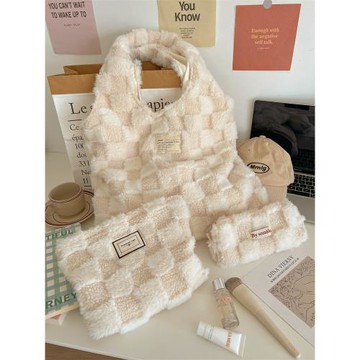 小白兔幾  秋冬新款毛絨格子單肩包百搭手提毛毛包少女學生化妝包