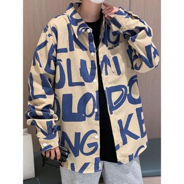 燈芯絨長袖襯衫男春秋2023日系新款潮流寬松字母滿印休閑襯衣外套