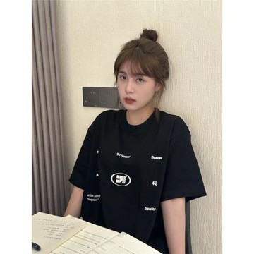 美式復古黑色純棉字母印花短袖t恤夏季新款寬松休閑百搭圓領上衣