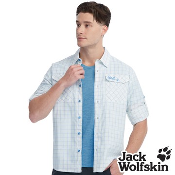 【Jack wolfskin飛狼】男 美式格紋 可捲袖長袖防曬襯衫『白底藍格』