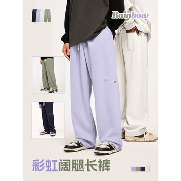 美式街頭320g磨毛刺繡闊腿褲男2023秋冬彩虹抽繩寬松休閑運動衛褲