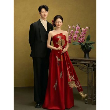 (免運)新中式敬酒服新娘2025新款宴會抹胸酒紅色訂婚禮服裙平時可穿結婚