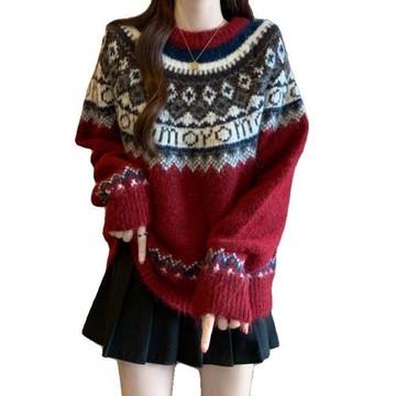 紅色費爾島毛衣女2025秋裝新款大碼胖mm加厚針織衫圣誕氛圍感上衣