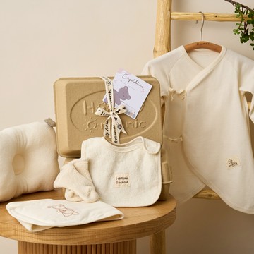 有機棉新生兒綁帶蝴蝶衣彌月禮盒5件組｜蝴蝶衣+肚圍+短襪+圍兜+枕頭_HomeyOrganic 知蓮有機棉 台灣製