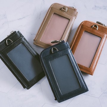 真皮直式L型拉鍊證件夾(含掛繩) X0093 黑/灰/棕/藍