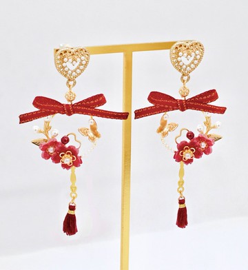 紅梅團扇愛心珍珠耳環