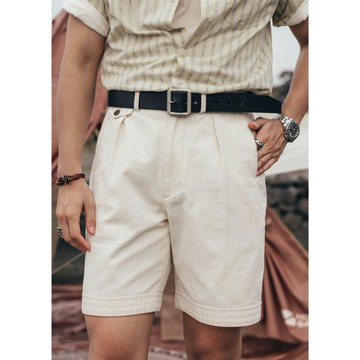 復古港督短褲 工裝短褲 五分褲 原棉色 斜紋布料 寬鬆 夏季