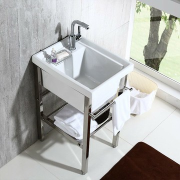 免運 開立發票 水槽 陽台洗衣盆 衛生間陶瓷洗衣池陽臺超深洗衣盆水斗槽不銹鋼支架小號臺盆大水池A0829