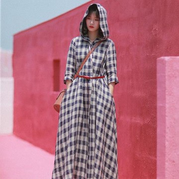【現貨】春裝格子亞麻風衣外套春秋季新款收腰顯瘦開衫長裙女裝