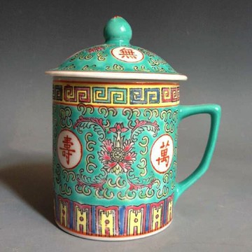 景德鎮廠貨陶瓷器/粉彩手繪綠萬壽大矮茶杯/蓋杯蓋碗庫存全新水杯1入