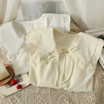 配馬甲襯衫2024春季木耳邊綁帶娃娃領百搭上衣洋氣寬松長袖打底衫
