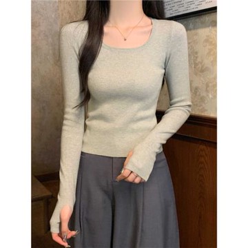 基礎款方領鎖骨長袖針織打底衫女春季純欲風內搭上衣修身顯瘦毛衣