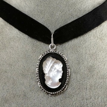 白色黑色女士女孩復古玻璃浮雕銀黑色天鵝絨項鍊