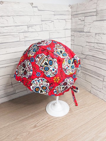 醫護雙層手術帽、工作帽、酷酷骷髏頭紅色款