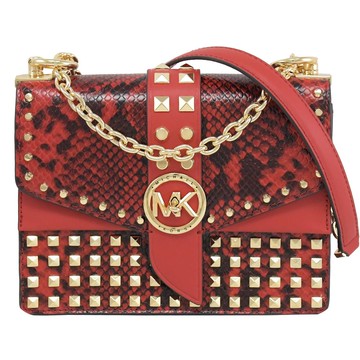 MICHAEL KORS Greenwich 蛇紋飾邊鉚釘造型鍊帶斜背包.紅