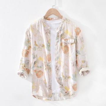 夏季男中國風亞麻七分袖襯衫立領碎花青年文藝襯衣薄款親膚半袖衫