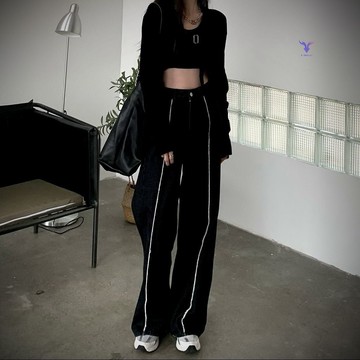 潮女大碼女褲設計感線邊牛仔褲胖mm春秋新款直筒寬松闊腿拖地長褲