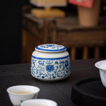 米黃汝窯陶瓷茶葉罐小號纏枝蓮龍井巖茶茶葉包裝密封香粉罐定logo