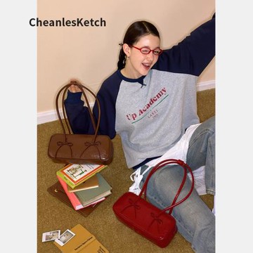 2024秋季新款蝴蝶結紅色法棍包手提單肩波士頓包真皮腋下包包小眾