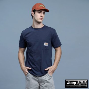 JEEP 男裝 車頭燈布章純棉口袋短袖T恤-深藍色
