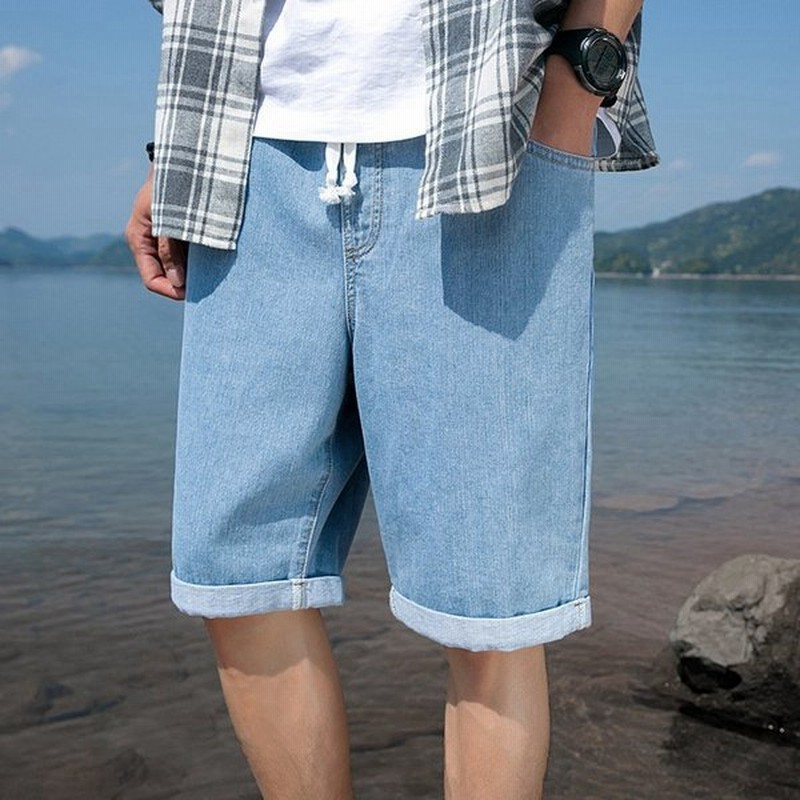 メンズボトムスショートパンツハーフパンツ半ズボン短パン5分丈デニムパンツブルーポケットコットンシンプル夏向きウエスト紐 通販 Lineポイント最大get Lineショッピング