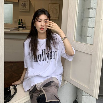 純棉夏季新款顯瘦遮肉英文字母原宿風百搭圓領短袖女t恤上衣 印花t恤 設計感衣服 短袖上衣 美式上衣 短袖t恤