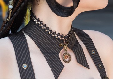 蒸汽朋克  咖黑條紋 金屬齒輪 吊墜項鏈 choker假領