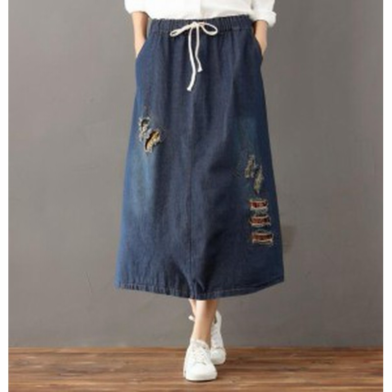 レディース スカート 伸縮ウエスト ゆったり デニムスカート 刺繍デニム レディース レトロ 体型カバー Aラインスカート 通販 Lineポイント最大1 0 Get Lineショッピング