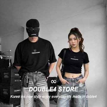【DOUBLE4】韓國 情侶短袖上衣 立體 金屬別針 刺繡 TWINX21INS 挺版 男女短袖 2611