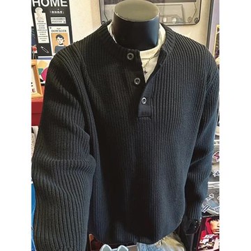 歐洲站針織亨利衫男半開扣寬松長袖衛衣坑條紋門襟領針織衫外套潮