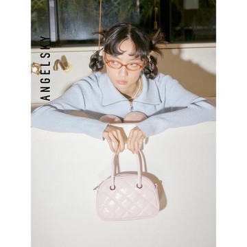 (免運)ANGELSKY斜挎包女小號保齡球包波士頓包手提小眾輕奢菱格粉色包包