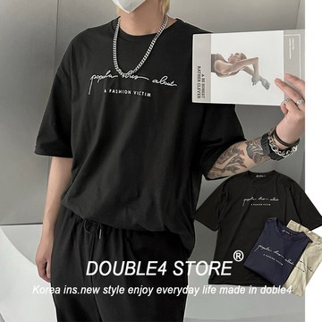 【DOUBLE4】韓國 字母短袖 草寫 韓系 純棉 情侶 五分T 落肩 休閒 短袖 韓國男裝 36465