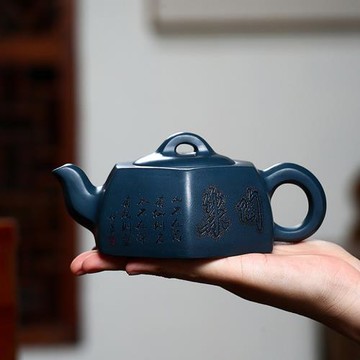 宜興茶壺復古紫砂壺原礦天青泥名家純全手工刻繪六方井欄功夫茶具