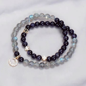 🔥現貨🔥 【星月神話】藍砂石手鍊女水晶灰月光石雙圈手串浪漫星空韓版個性禮物