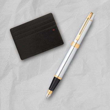 SHEAFFER 300系列銀桿金夾鋼筆-F尖+經典卡夾禮盒 免費刻字(原廠